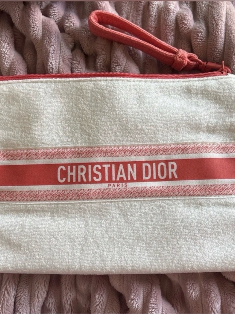 Christian Dior White & Coral Logo Wristlet Pouch